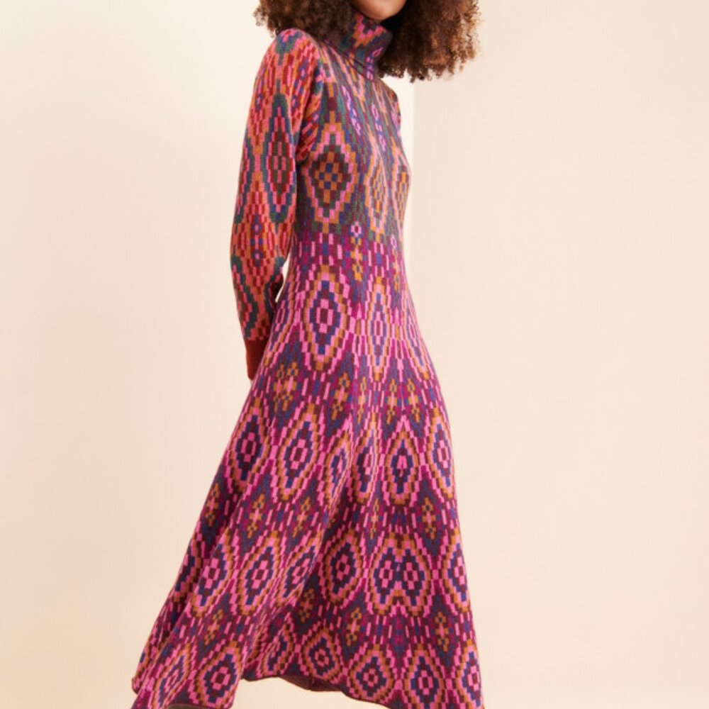 Farm Rio Tapestry Scarf Turtleneck Sweater Maxi Dress Small NWT Long Sleeve Knit